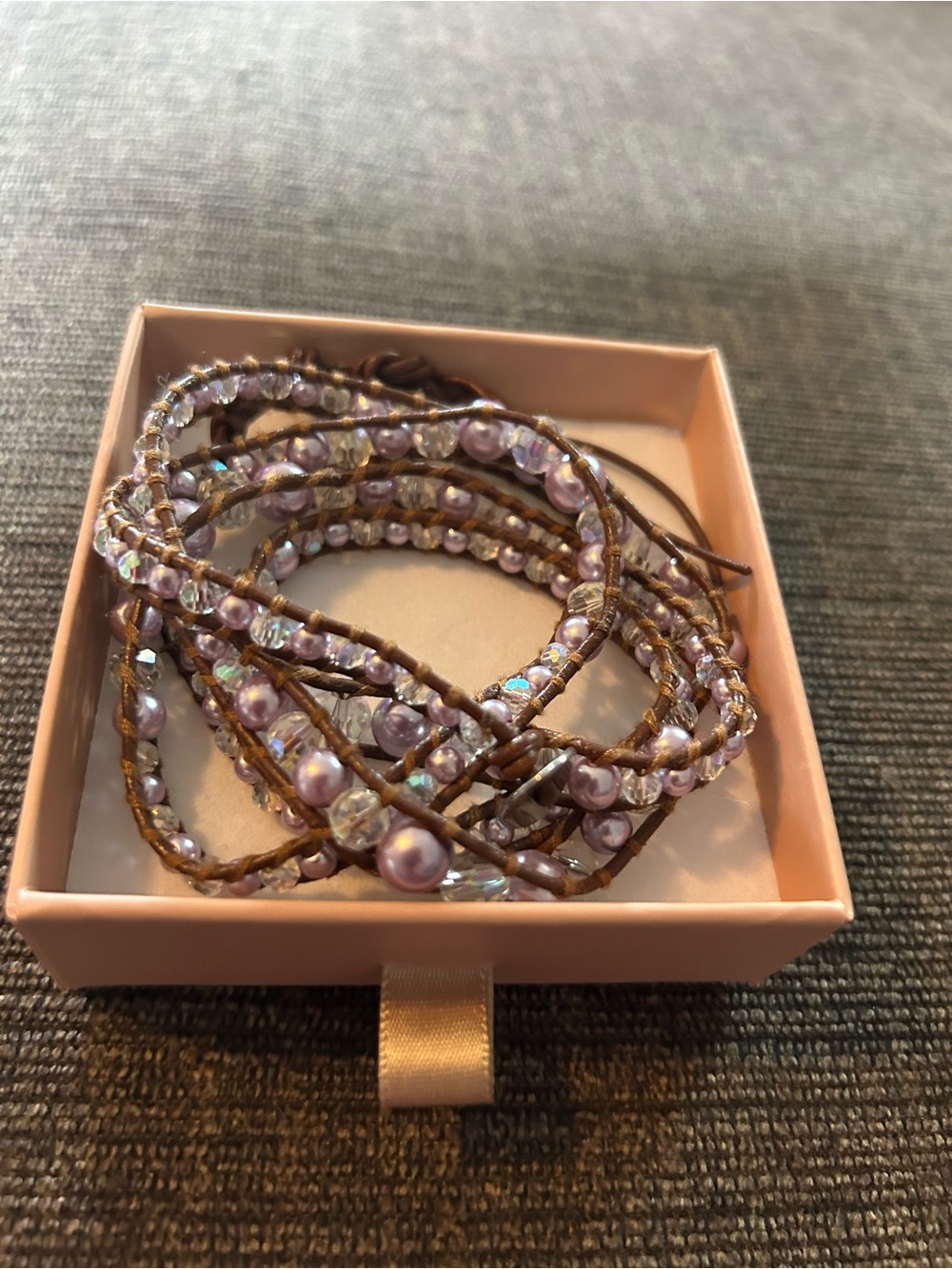 Lavender Pearl & Crystal beaded Multi-Strand leather Wrap Bracelet - Picture 2 of 4